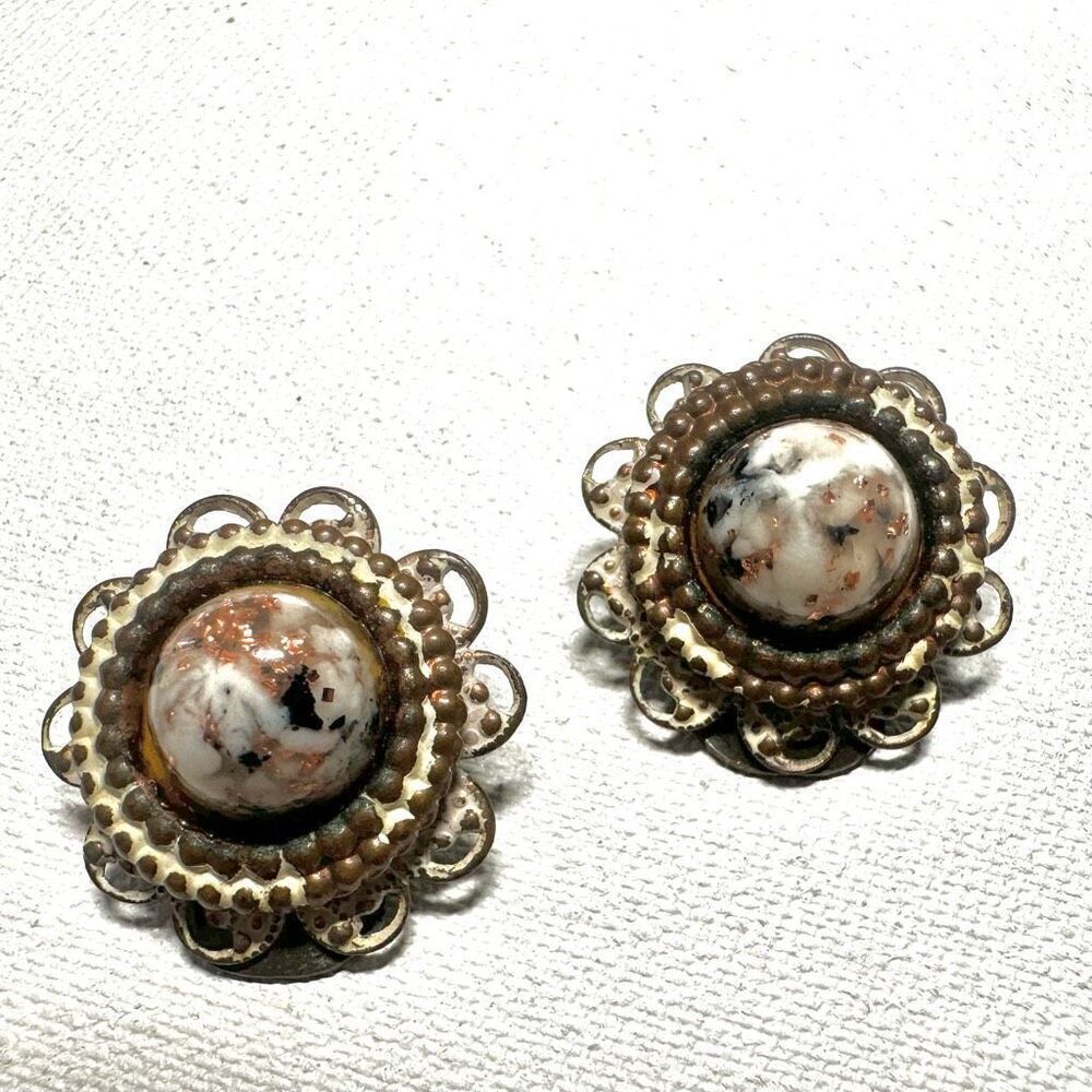 Copper tone beaded vintage  clip on earrings